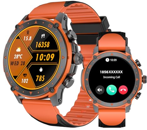 DigiKuber Smartwatch Herren Damen, 1,43 Zoll AMOLED wasserdichte Armbanduhr mit Annehmen/Anrufen Telefonanruf, Smart Watch mit Herzfrequenz SpO2 Schlafmonitor für Android iOS (Orange, 1,43 TPU)