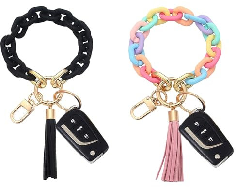 MIYUANGKJ Schlüsselanhänger 2 Stück Armband Autoschlüsselanhänger DIY Frauen Schlüssel anhänger mit Quaste Regenbogen Handgelen schlüsselkette Auto geschenke für Paar Weihnachtsgeschenke