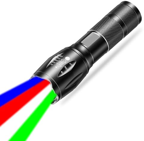 POCKETMAN Super Helle Taschenlampe, wiederaufladbar, grünes Licht, blaues Licht, mehrfarbig, 4 Farben in 1 LED, weiß, rot, blau und grün, 4 Modi, zoombar, für Camping, Outdoor (1 PCS)