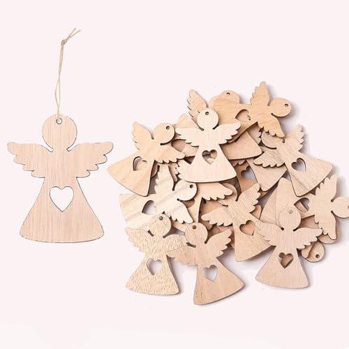 HERZONE Lot de 50 pendentifs en bois - Ange gardien - Porte-bonheur - Décoration de Noël (ange marron avec cœur)