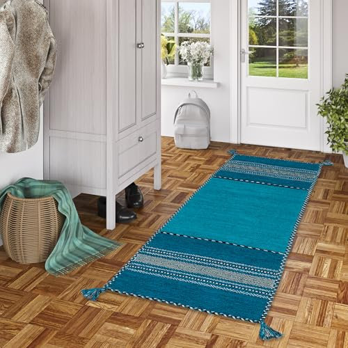 Pergamon Navarro Läufer Türkis - Handgewebter Kelim Teppich aus 100% Baumwolle, Traditionelles Design, Langlebig und Pflegeleicht, Ideal für Flur, Wohnzimmer und Eingangsbereich, Zeitloser Teppich