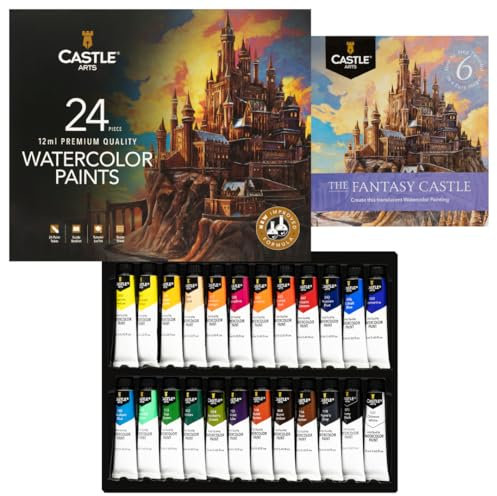Castle Art Supplies Juego de 24 tubos de pintura de acuarela de 12 ml | Nueva fórmula mejorada | Valor para artistas adultos | Calidad, colores intensos | Simplemente aprieta el tubo, mezcla con agua
