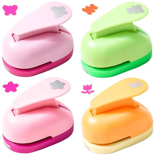 YOUNGSAY 4 Stück Papierstanzer Set, 15mm Kreativität Motivstanzer, Bär/Kirschblüten/Schmetterlinge/Tulpen Motivstanzer Set für DIY Scrapbook Fotoalbum Handwerk (Zufällige Farbe)