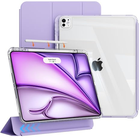 ZKTUYU Hybrid Hülle für iPad Air 13 Zoll 2025 (M3)/2024 (M2) mit Stifthalter/Automatisches Ruhen/Wecken, Abnehmbare magnetische Schutzhülle, Trifold Ständerhülle Transparenter Rückseitenschale (Lila)