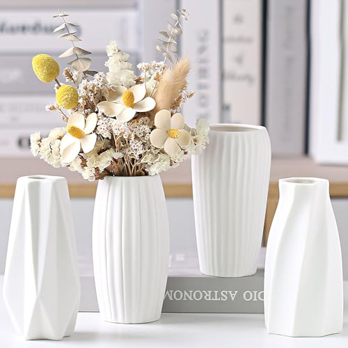 Keramik Vasen Deko Frühling 4er-Set, Modern Weiße Blumenvase für Boho Home Decor, Frühling Deko Vase Aesthetic, Tischdecko Geschenk, Vasen Set für Bücherregal Tisch Frühling Sommer Decor (A)
