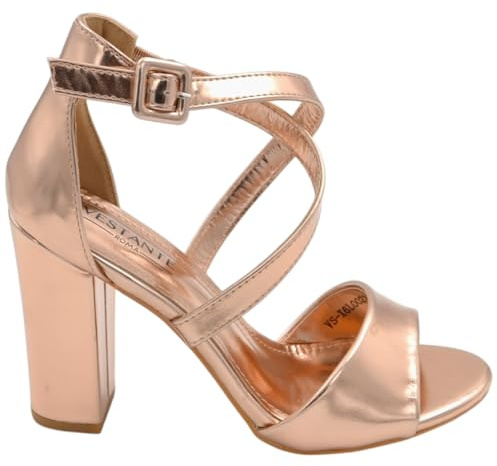Sandalo Donna Oro Rosa semilucido con Tacco Largo 10 cm e Fascia Comoda Incrocio sul Dorso e Cinturino alla Caviglia (39 EU)