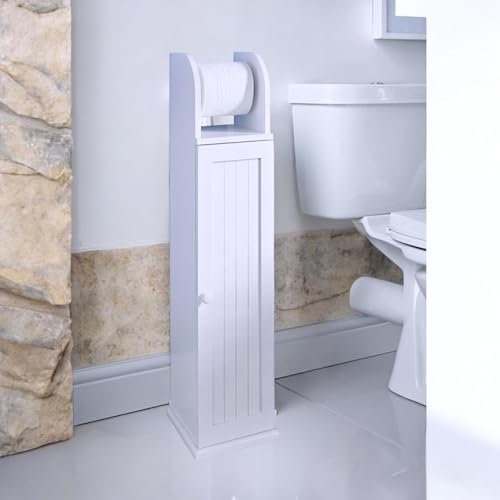 White Wooden Free Standing Toilet Paper Roll Holder Bathroom Storage Cabinet with Shelf