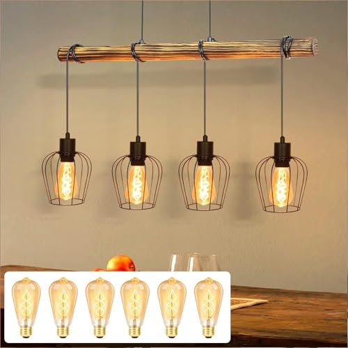 ZMH Pendelleuchte Vintage Hängelampe 4 flammige Holz Esszimmerlampe Schwarz Esstischlampe Retro mit 6 × 4W E27 Leuchtmittel 2200K höhenverstellbar Pendellampe Wohnzimmer im Industrial Design