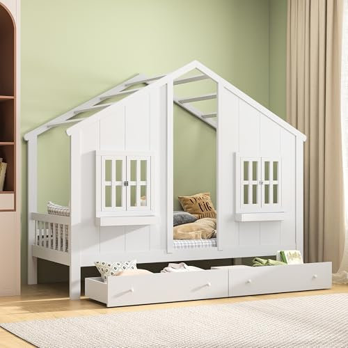 Marooma Lit Cabane Enfant 90 x 200 cm avec 2 fenêtre et 2 tiroirs de Rangement, Lit au Sol avec Protection Anti Chute et Sommier à Lattes en Bois de pin Massif, Design Montessori (2 tiroirs)