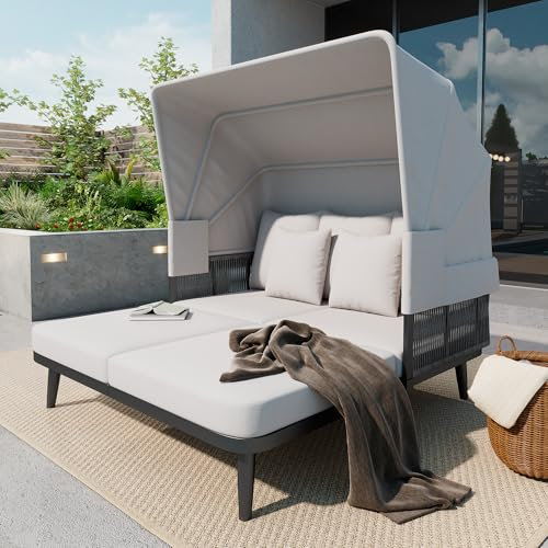 Merax Gartenmöbel für 2 Personen – Strandkorb, Gartenliege mit einziehbarer Markise, verzinkter Stahlrahmen, 10 cm Dicke Kissen, handgewebtes Seil, graue Sonnenliege für Terrasse, Balkon & Garten