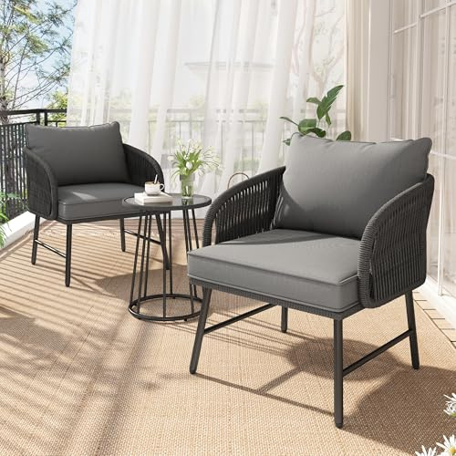 GigaXynium Juego de muebles de balcón de 3 piezas, cuerda trenzada a mano, mesa de cristal, sillas con una capacidad de carga de 160 kg, adecuado para terraza, jardín y balcón