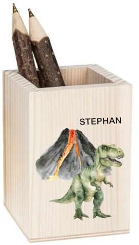minimutz Stiftehalter Holz bunt für Kinder personalisiert, Stiftebox Schreibtisch Kinderzimmer groß, Stiftebecher eckig mit Namen, Geschenk Mädchen Jungen Schulkind, T-Rex