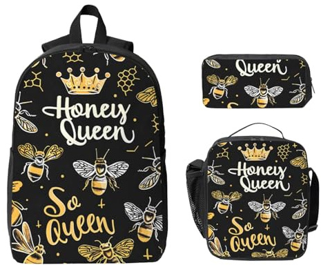 Bee Queen Rucksack Set für Mädchen Jungen mit Lunchtasche Federmäppchen Honeycomb 3 Stück Schultaschen Isolierte Lunchbox Geschenke für Frauen Männer