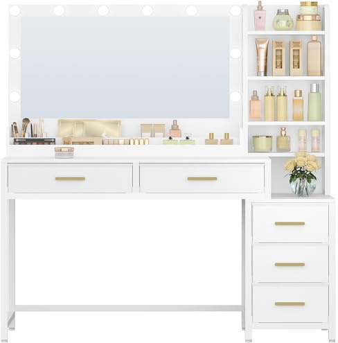 HEXCELEN Schminktisch, Weiß, 40 × 130 × 141 cm | Schminktisch mit Groß Spiegel, Frisiertisch mit 5 Schubladen, 5 Offenen Fächern, Stauraum vor Dem Spiegel
