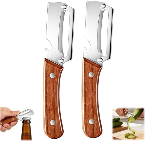 2-teiliger Multifunktionaler Gemüseschäler, 2-in-1 Kartoffelschäler mit Flaschenöffner, Edelstahl-Küchenhelfer mit Holzgriff für Äpfel, Karotten & Papayas