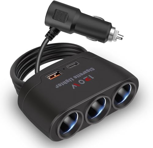 Cargador Coche 120W, 5 en 1 Adaptador Mechero Coche con 3 Tomas, 2 Puertos (PD + USB), Voltímetro LED e Interruptores Independientes–Compatible 12V/24V para GPS, Dash CAM, Nevera