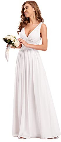 Ever-Pretty Robe de Soirée Longue Femme pour Mariage Décolleté en V en Mousseline de Soie Blanche 44