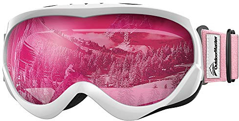 OutdoorMaster Kids Ski Goggles - Helmet Compatible Snow Goggles for Boys & Girls with 100% UV Protection (White-Pink Frame + VLT 46% Pink Lens)