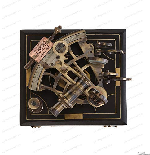 US HANDICRAFTS J. Scott London Brass Schiff Geschichte Sextant mit Holzkasten. Vintage Feste antike Messingwasser Functional Maritime Sextant | Seemarine-Dekor-Geschenke.