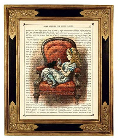 Alice im Wunderland Kätzchen Poster Kunstdruck auf antiker Buchseite Kinderzimmer Deko Sessel Geschenk Steampunk Bild ungerahmt