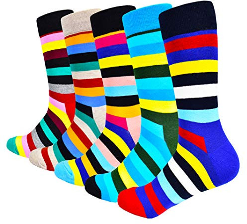 HIWEAR Mens Sock- Colorful Funky Novelty Design Rich Cotton,Men's Comfort Dress Calf Socks Multipack (Stripe5-5 Pack)