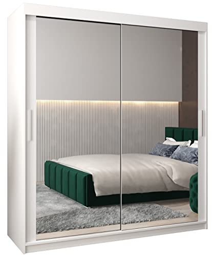 MEBLE KRYSPOL Tokyo 3 180 Schlafzimmerschrank mit Zwei Schiebetüren, Spiegel, Kleiderstange und Regalen – 180x200x62cm - Mattweiß