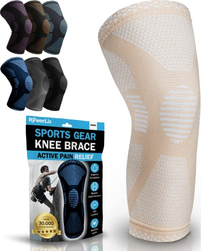 POWERLIX Kniebandage für Damen/Männer, Kompression Kniestütze für Meniskusriss, Arthritis, Linddert Kniescherzen, ACL, Laufen, Gewichtheben, Basketball, Volleyball, Sport, Beige, XXL