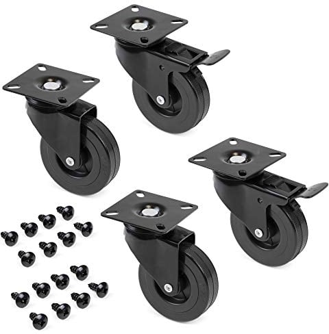 Emuca - Set di 4 rotelle pivotanti per mobile Ø75mm con piastra di assemblaggio e cuscinetti a sfere, ruote girevoli in gomma colore nero.
