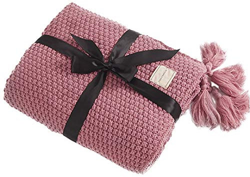 AUSTINCIAGA Decke aus Strick, Plaid, Sofa, Tagesdecke, Tischdecke, Tagesdecke, nordisch, warm, weich, mit Fransen, handgefertigt, für Strand, Picknick, alle Jahreszeiten (Rosa, 150 x 200 cm)
