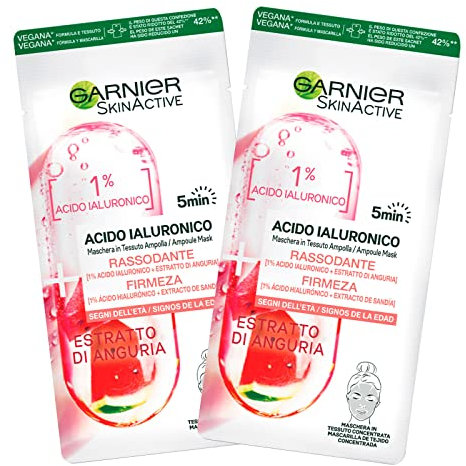 2 x Garnier SkinActive Hyaluronsäure-Maske aus Stoff, straffend, Anti-Aging, erfrischender Effekt mit Wassermelonen-Extrakt, 2 Packungen mit 1 Behandlung