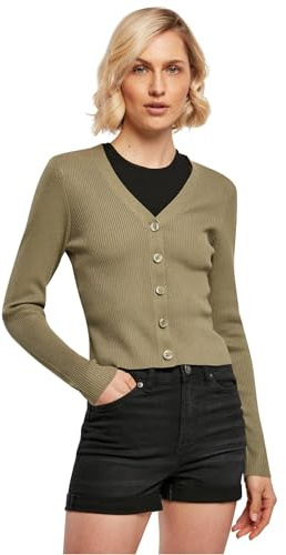Urban Classics Women's Ladies Short Rib Knit Cardigan Sweater, Khaki, S