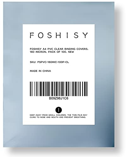 FOSHISY A4 PVC Clear Binding Covers, 180 Micron, 100 Pack | Transparent Binding Presentation Covers, A4 plastic sheets for binding, Square Corners, Office and School Supplies