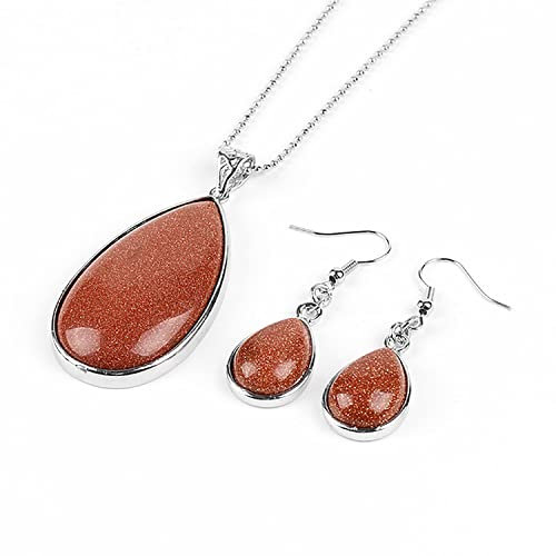 Ladies Matching Jewellery Set - Teardrop Design Necklace Pendant & Drop Earrings - Unique Bohemian Jewellery for Women -With Gift Box (Goldstone)