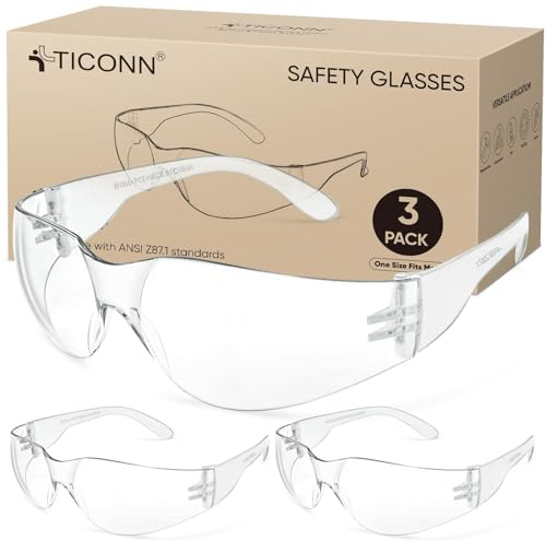TICONN 3 Clear Safety Glasses for Men and Women, Safety Goggles with Scratch Impact Resistant Meets ANSI Z87.1 Standard (3 Pack)
