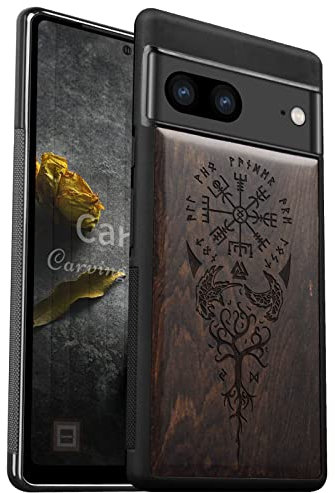 Carveit Wood Case for Pixel 7 Cover Shockproof Bumper [Natural Wood & Soft TPU] Wooden Design Cover Compatible with Google Pixel 7 Wooden Case (Viking Compass Vegvisir-Blackwood)