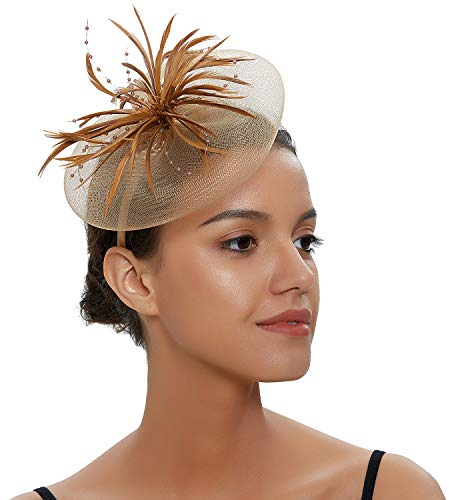 Losuya Women Elegant Fascinator Hat Mesh Net Headband Bridal Hair Clip Accessories Cocktail Party Festival Cap (Gold)