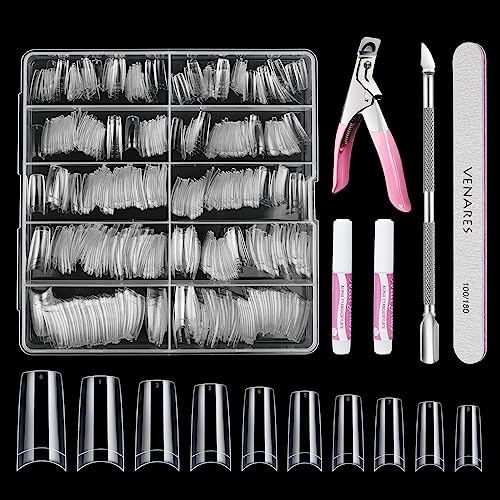 Clear Nail Tips for Gel Extensions, Venares 500 Pieces False Nail Tips Square for Acrylic Extensions and Glue Nails Files Nail Clipper, 10 Size Half Cover Square Tips