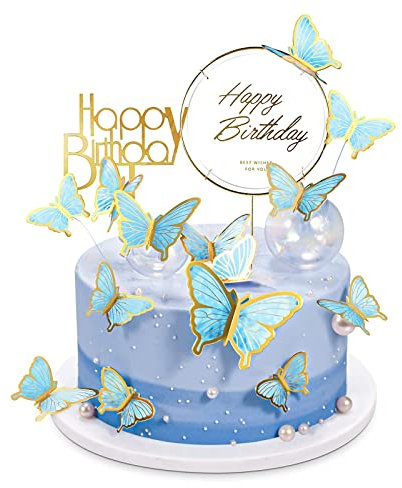 Schmetterlinge Tortendeko 22 Stück Tortendeko Geburtstag Happy Birthday Tortendeko3D Schmetterlinge Cake Topper,Zum Dekorieren Von Kuchen Cupcakes Dessert Geburtstag Hochzeit(Blau)