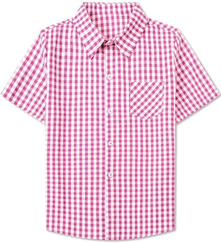 SANGTREE Boys and Mens Short Sleeve Gingham Shirts Summer Button Down Plaid Shirt, Gingham Pink, S