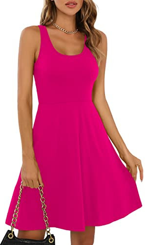 Missufe Robe d'été pour Femme - Mini Robe Rockabilly - Robe décontractée - Robe Patineuse - Robe débardeur Courte, Rose, XL