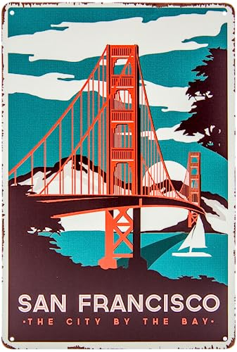 Historisches Retro Vintage Blechschild mit Reisemotiv, Urlaub Deko Schild, 30 x 20 cm (San Francisco - Brücke)