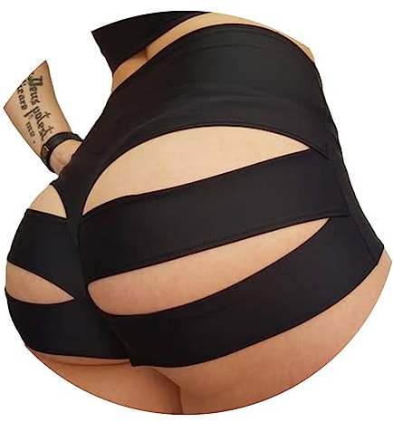 ORANDESIGNE Scrunch Butt Sportshorts Damen Push Up Booty Nahtlos Biker Yoga Fitness Gym Shorts Hohe Taille Pole Dance Rüschen Bikini Rave Cut Out Clubwear A Schwarz L