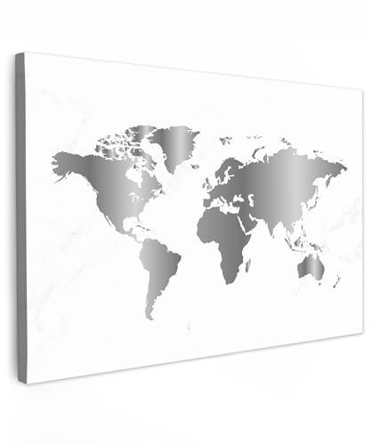 MuchoWow© Leinwände Groß 120x80 cm XXL Wall Decoration Bilder Schlafzimmer Deko Pictures Canvas Painting Wanddekoration Wohnzimmer Leinwand Bild Weltkarte Wand - Landkarte Welt - Silber - Design