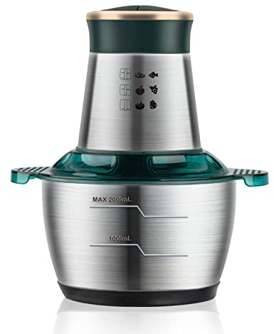 Robot ménager, coupe-légumes électrique, Hachoir de Cuisine 1000W, Bol en Acier Inoxydable de 2L, Hachoir à Viande à 4 Lames à Deux Niveaux, Fouet électrique for Coupe-Oignons de Fruits Légumes, Épluc