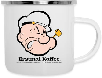Spreadshirt Popeye Erstmal Kaffee Camping-Becher, One size, Weiß, 300 ml, Metall mit Emaille-Beschichtung