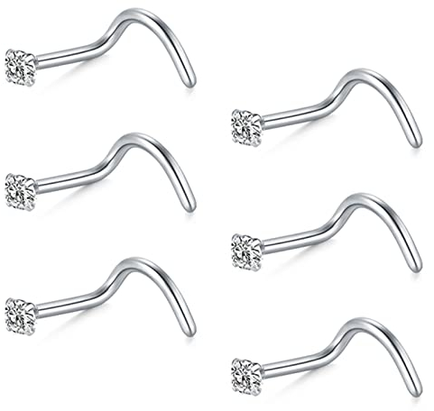 FECTAS Nasenring Schraube Nasenstecker 20G Korkenzieher Nase Piercing Schmuck Edelstahl 1,5mm Diamant CZ Silber