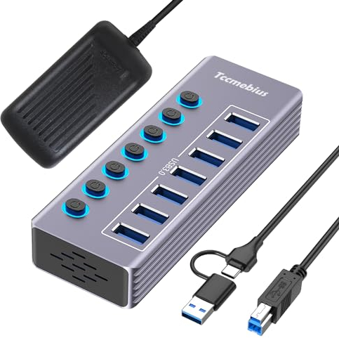 Tccmebius USB 3.0 Hub Aktiv mit 36W(12V/3A) Netzteil, 2-in-1 (Type A/C) zu 7 Port USB 3.0 Daten Hub mit Einzelperson LED EIN/Aus-Schalter, 100cm Kabel, für Laptop MacBook Pro/Air PC (Aluminium Grau)