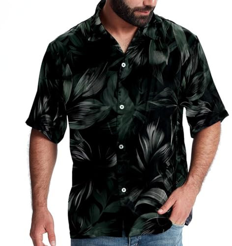 FNETJXF Hawaii-Hemden für Herren, kurzärmelig, kurzärmelig, kurzärmelig, tropische Hemden für Herren, modernes schwarz-grünes tropisches Monstera-Blätter, Muster 3050, XL