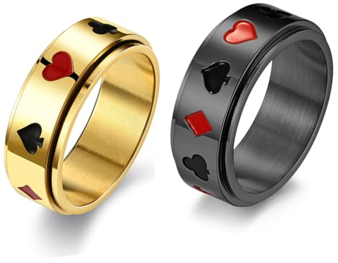 ARHZ 2 Stücke Spinner Ring - Spinner Ring Damen - Ringe Herren - Stainless Steel Ring - Fidget Ring - Spielkartenmuster-Spinring - Geeignet für Männer und Frauen(Durchmesser: 19,9 mm, Umfang: 62,4 mm)
