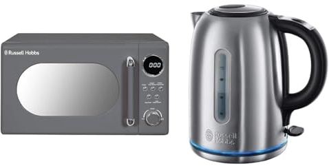 Russell Hobbs RHM2044G Retro 20 Litre Grey Digital Microwave, 800W, Mirror Finish & Brushed Stainless Steel Electric 1.7L Cordless Kettle